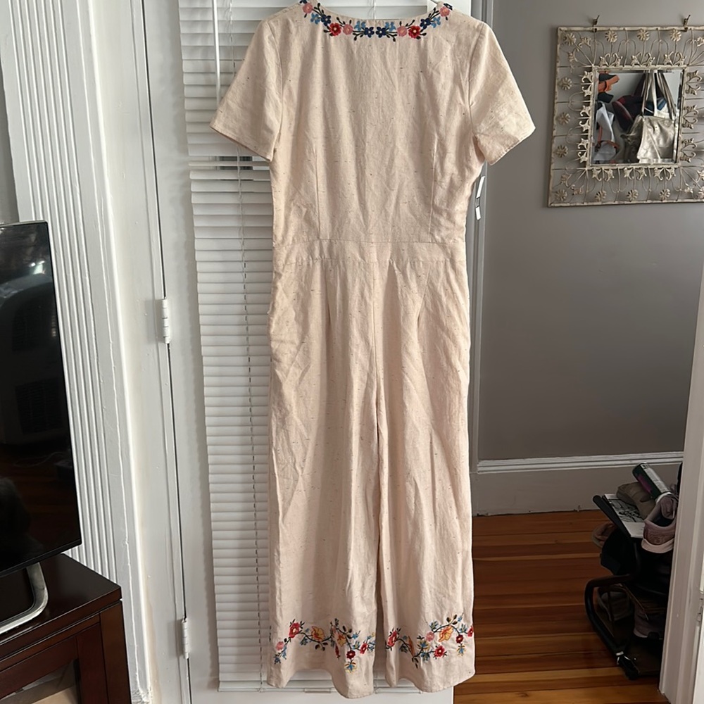 J.O.A. Large natural linen jumpsuit w/ embroidered flower patterns. NWT